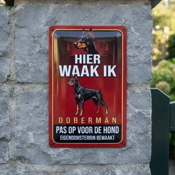 Metalend bord Hier waak ik Doberman