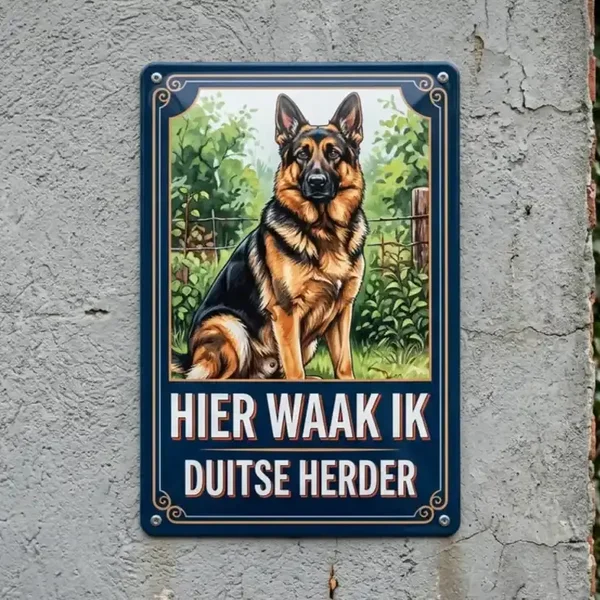 Metalen bord Hier waak ik - Duitse Herder