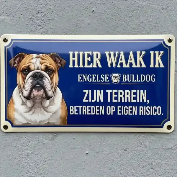 Metalen bord Hier Waak Ik Engelse Bulldog