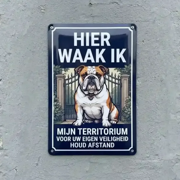Metalen Bord Engelse Bulldog - Hier Waak Ik
