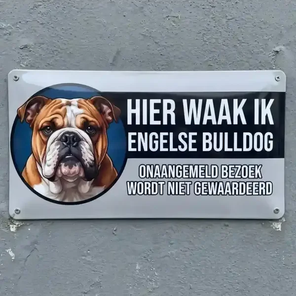 Metalen Waarschuwingsbord - Hier waak ik Engelse Bulldog