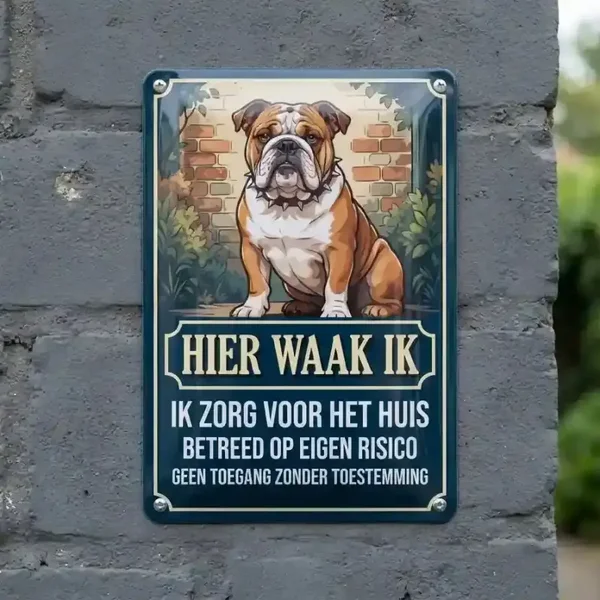 Metalen Waarschuwingsbord Hier Waak Ik Engelse Bulldog