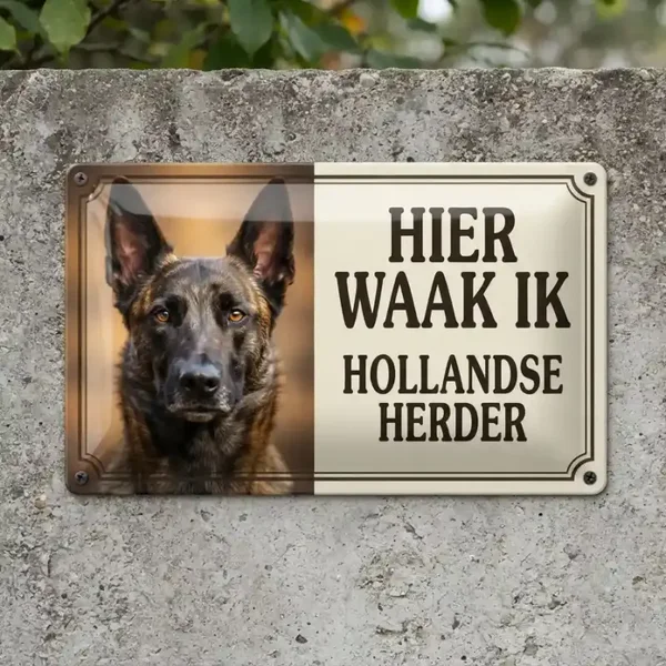 Metalen bord Hier waak ik - Hollandse Herder