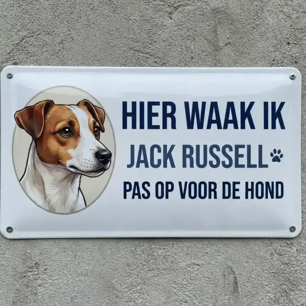 Metalen bord Hier waak ik Jack Russell - Pas op voor de hond