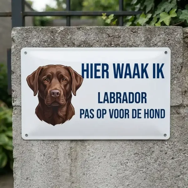 Metalen bord Hier Waak Ik - Labrador - Pas op voor de hond