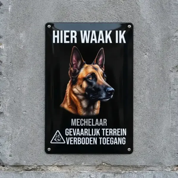 Metalen bord Hier Waak Ik Mechelaar Gevaarlijk Terrein