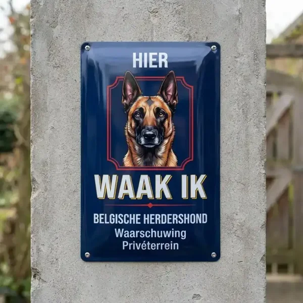 Metalen bord Hier Waak Ik Belgische Herdershond