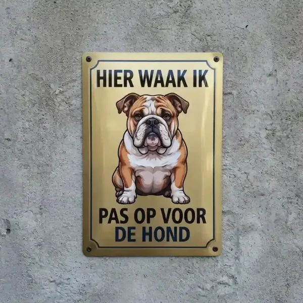 Metalen Bord Hier Waak Ik - Pas op voor de hond Bulldog