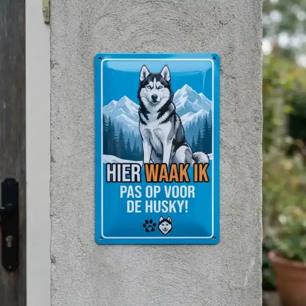 Metalen bord - Hier waak ik - Pas op voor de Husky