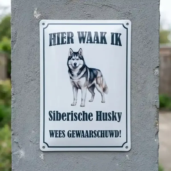 Metalen bord Hier waak ik Siberische Husky