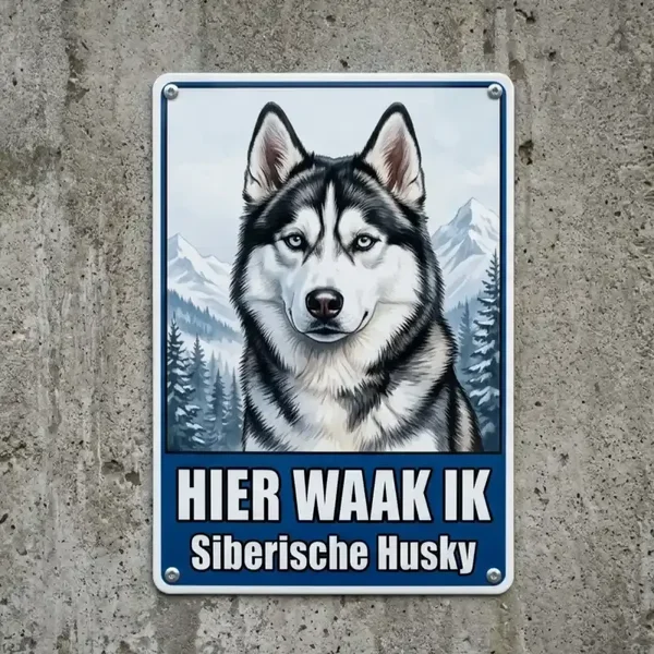 Metalen bord Hier waak ik Siberische Husky