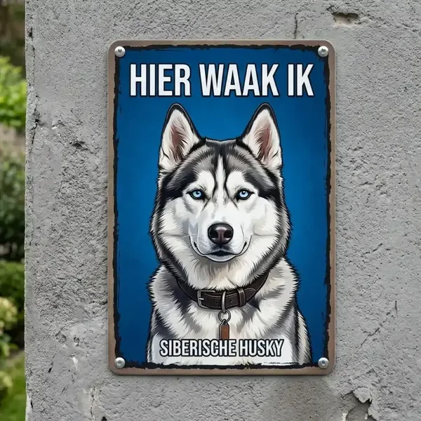 Metalen bord Hier waak ik Siberische Husky