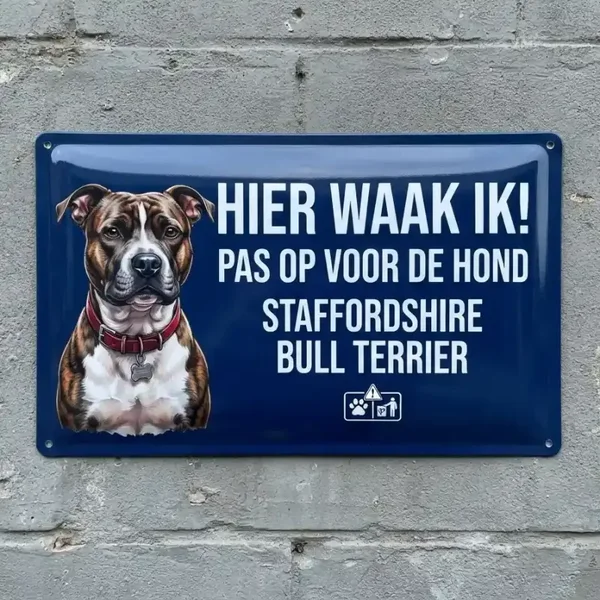 Metalen Waarschuwingsbord - Hier waak ik Staffordshire Bull Terrier