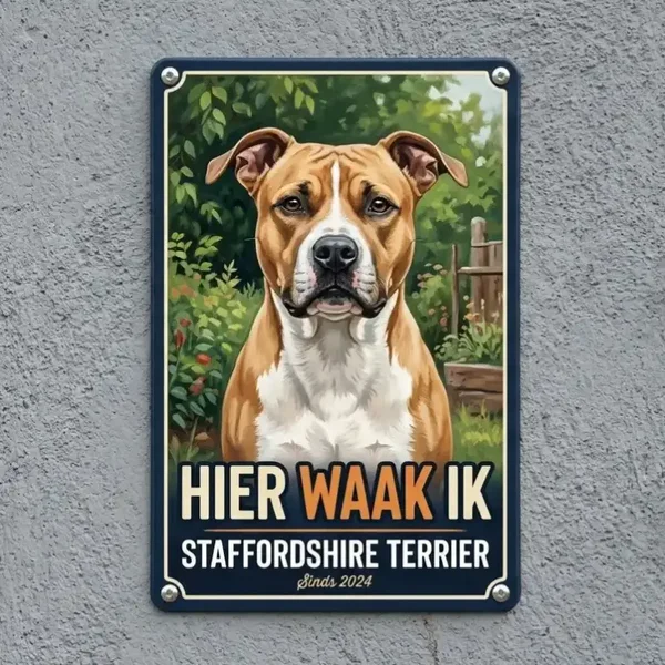 Metalen Bord Hier Waak Ik - Staffordshire Terrier