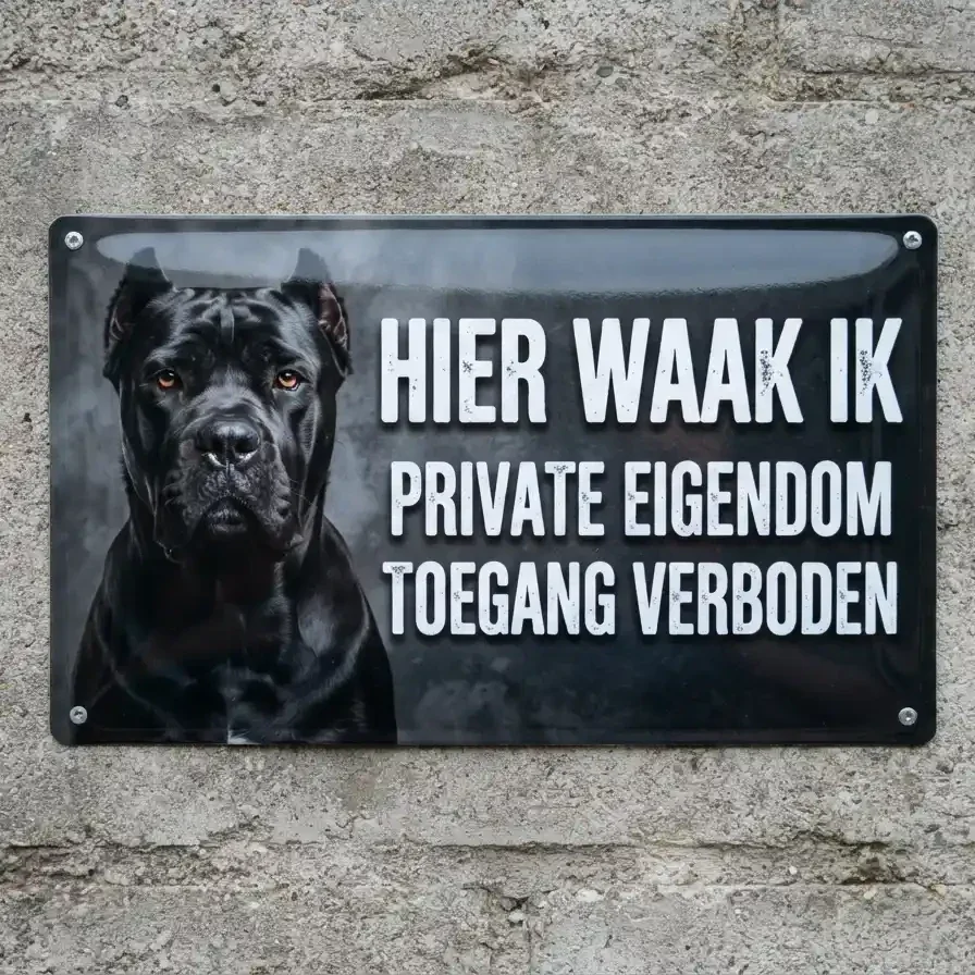Metalen Waarschuwingsbord Hier Waak Ik - Zwarte Hond