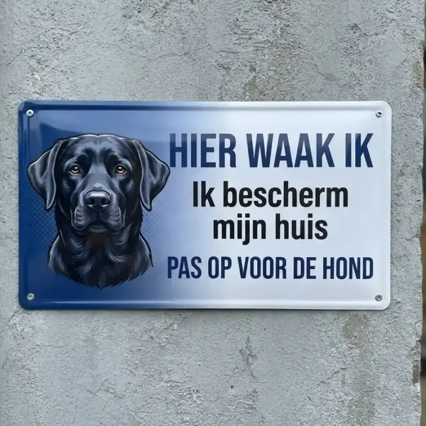 Metalen Bord - Hier Waak Ik Zwarte Labrador - Pas Op Voor De Hond