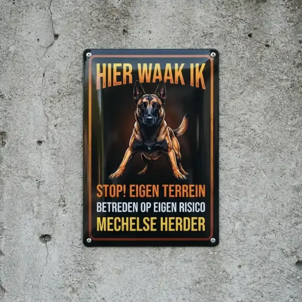 Metalen Bord Mechelse Herder - Hier Waak Ik