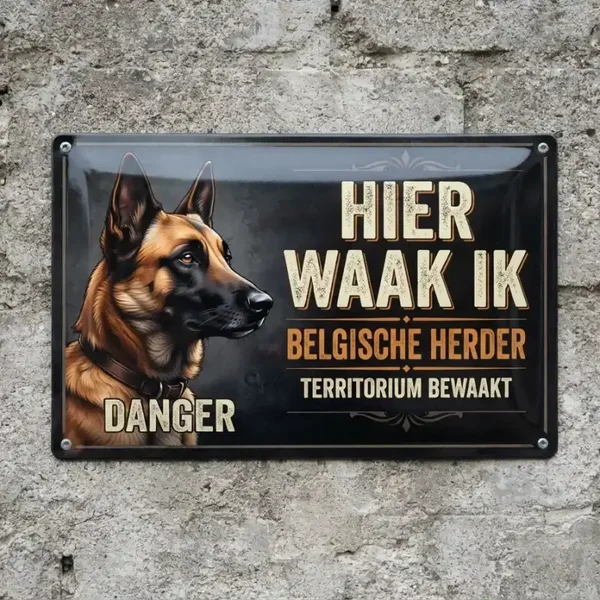 Metalen Bord Mechelse Herder - Hier Waak Ik