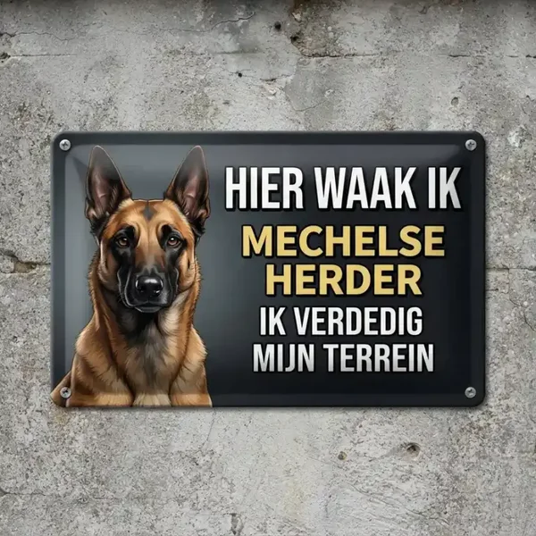 Metalen Bord Mechelse Herder - Hier Waak Ik