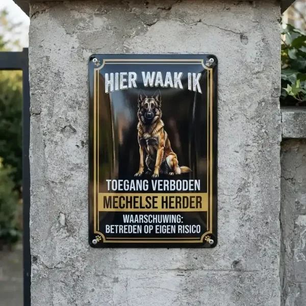Metalen Bord Mechelse Herder - Hier Waak Ik