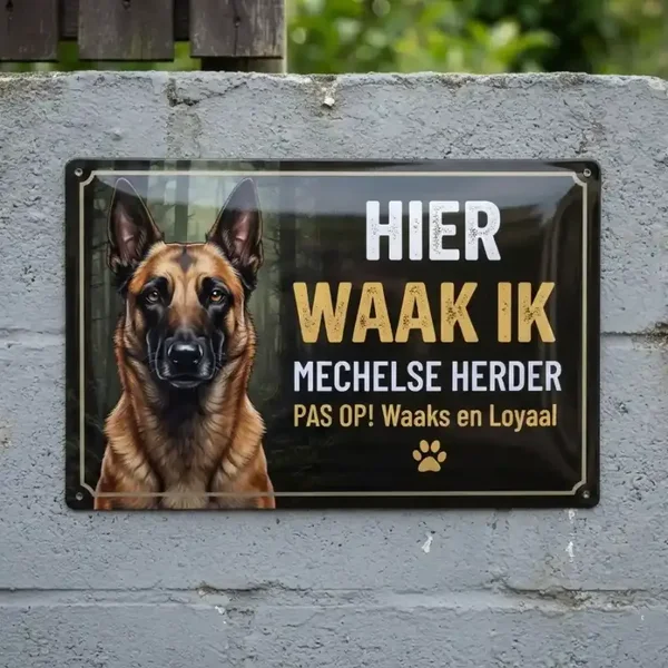 Metalen waarschuwingsbord Mechelse Herder - Hier waak ik