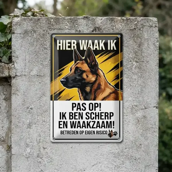 Metalen Bord Mechelse Herder - Hier Waak Ik