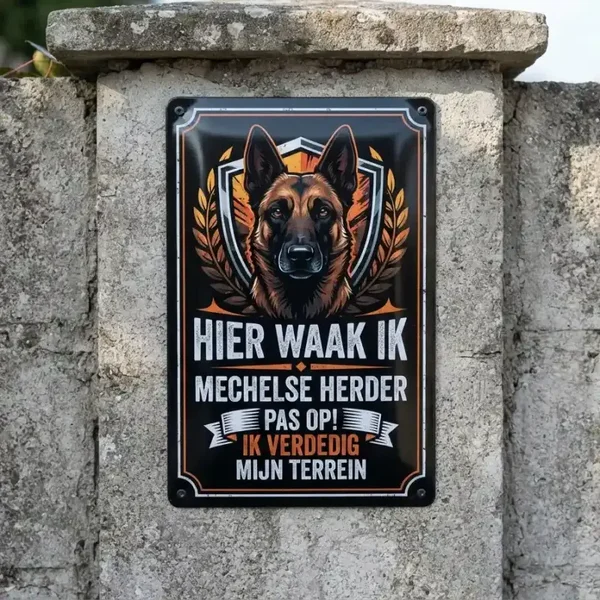 Metalen Bord Mechelse Herder - Hier Waak Ik