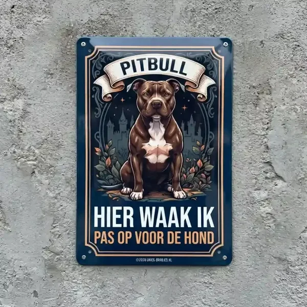 Metalen Bord Pitbull Hier Waak Ik | Retrobordjes.be