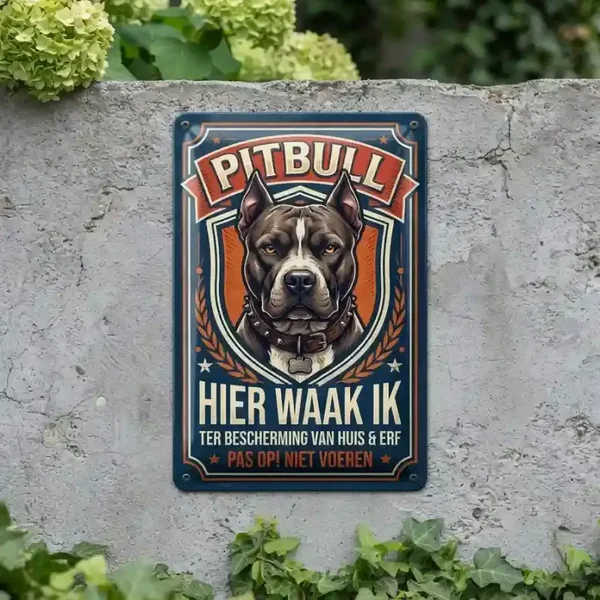 Metalen Bord Pitbull - Hier Waak Ik