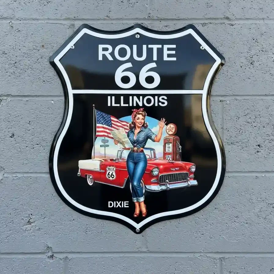 Metalen Bord Route 66 Illinois Pin-up Dixie 32x32 cm