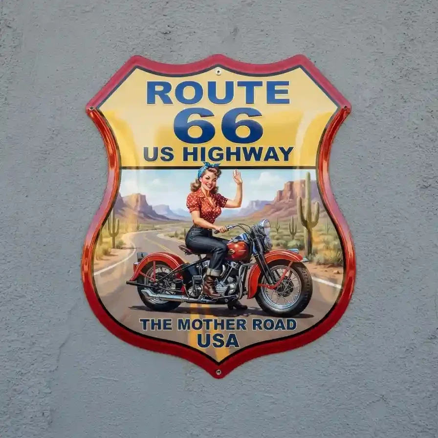 Metalen Bord Route 66 Pin-up Motor 32x32 cm