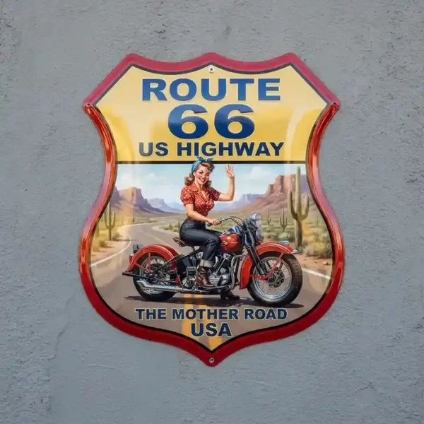 Metalen Bord Route 66 Pin-up Motor 32x32 cm