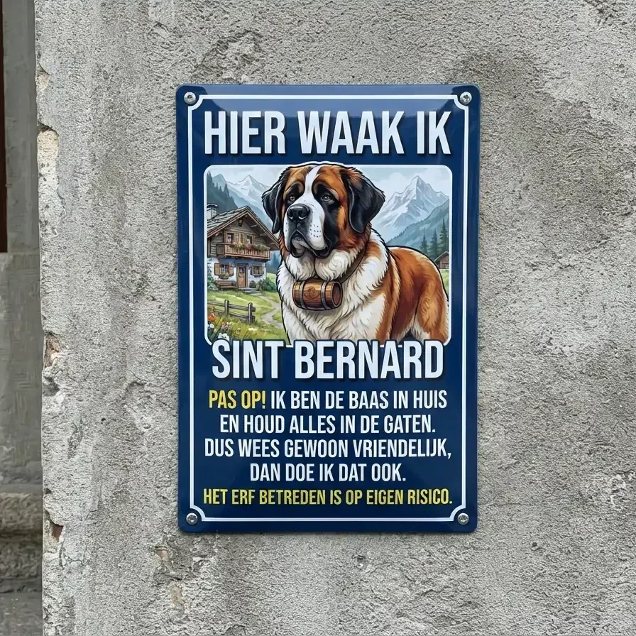 Metalen bord Sint Bernard - Hier waak ik
