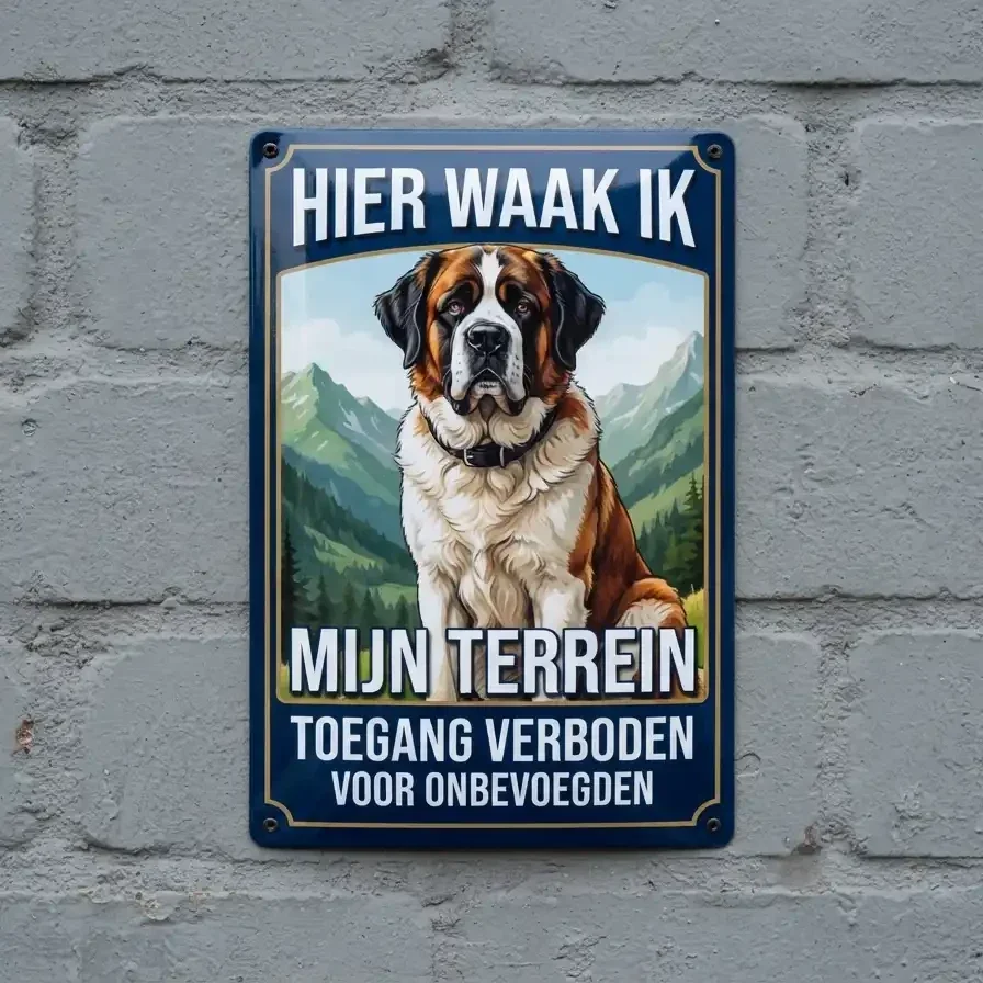 Metalen bord Sint-Bernard "Hier waak ik"