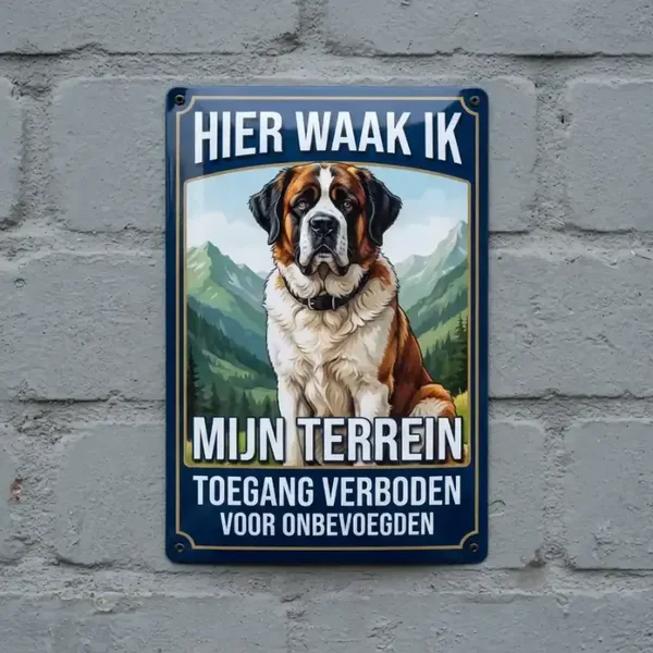 Metalen bord Sint-Bernard "Hier waak ik"