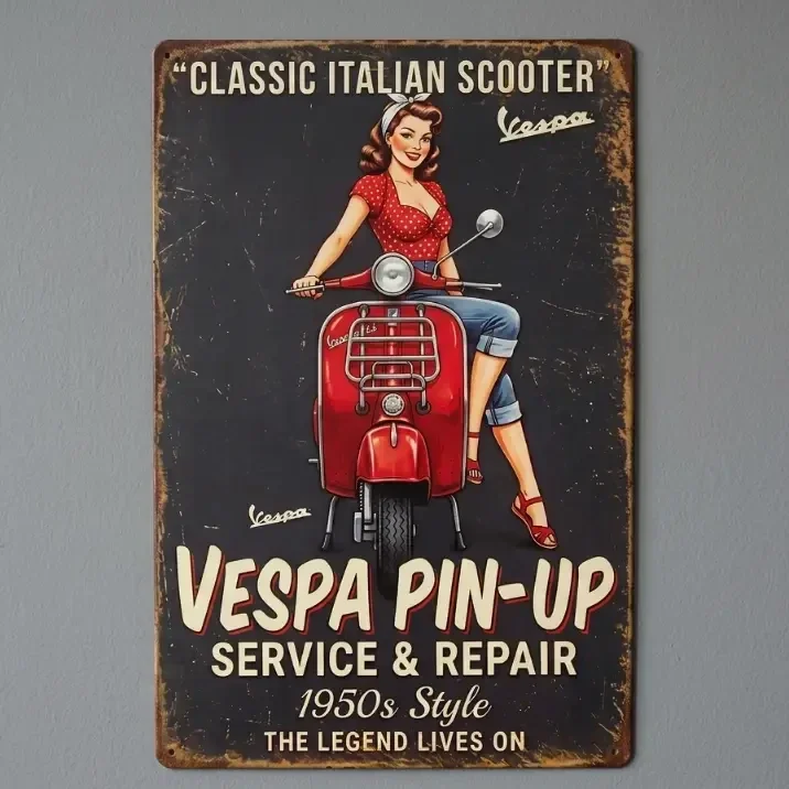 Metalen Bord Vespa Pin-Up - Retro Wandbord