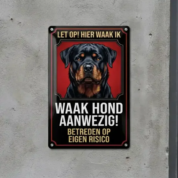 Metalen bord Waak Hond - Rottweiler - Let op hier waak ik