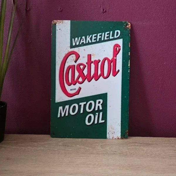 Metaal Bord Wakefield Castrol Motor Oil - Vintage Reclamebord 20x30 cm