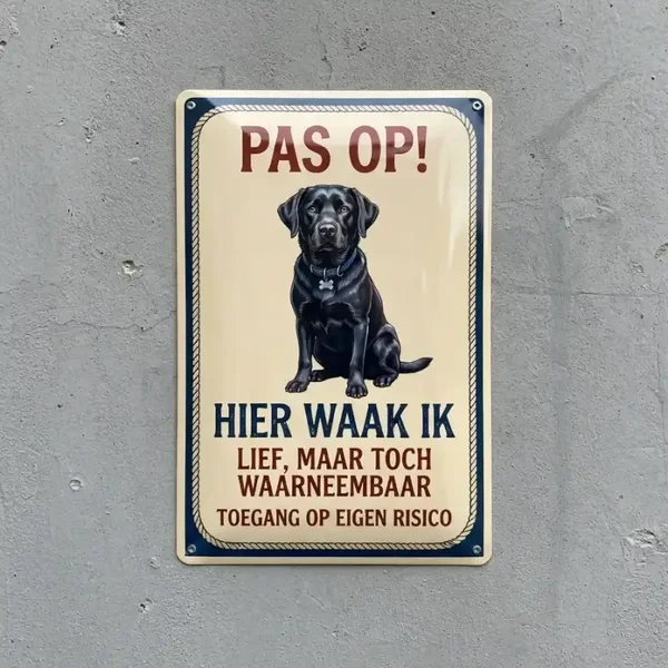 Metalen Bord Zwarte Labrador - Hier Waak Ik