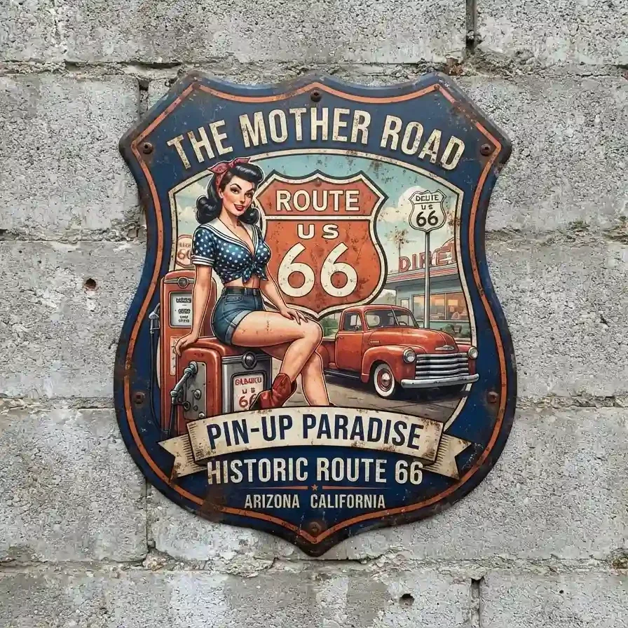 Metalen Wandbord Route 66 Pin-Up Shield 32x32cm