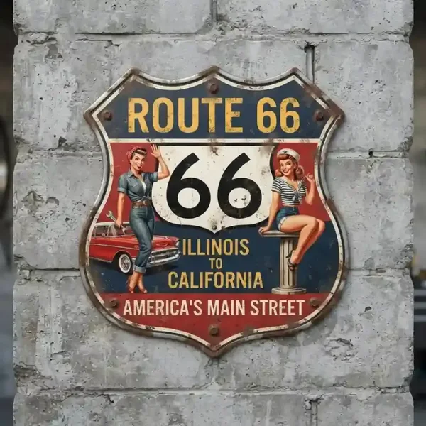 Metalen Route 66 Schild Pin-up & Auto 32x32cm