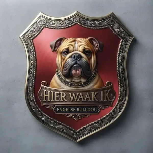 Schild Engelse Bulldog - Hier Waak Ik - 32x32 cm