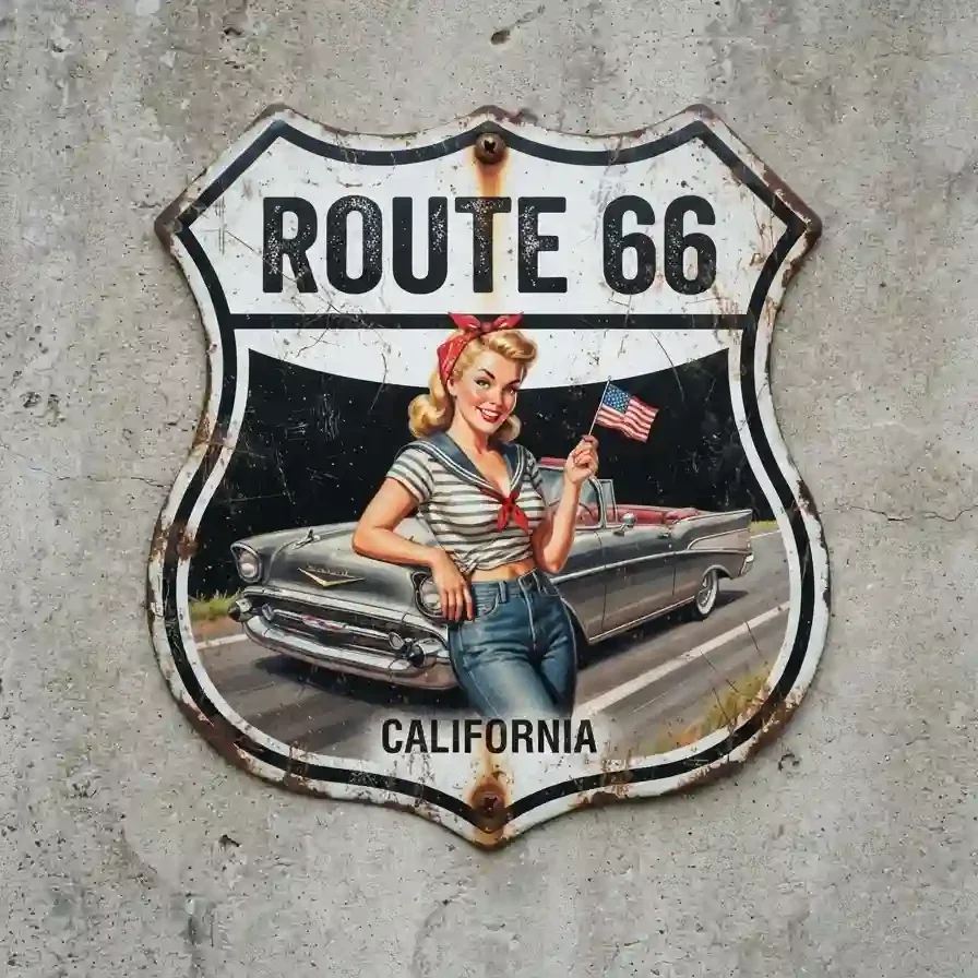 Metalen Schild Route 66 California Pin-up 32x32 cm