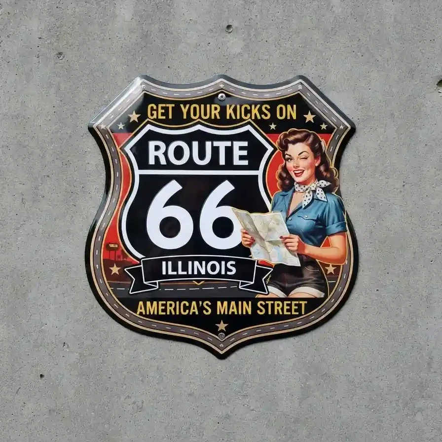 Metalen Schild Route 66 Illinois Pin-up 32x32 cm