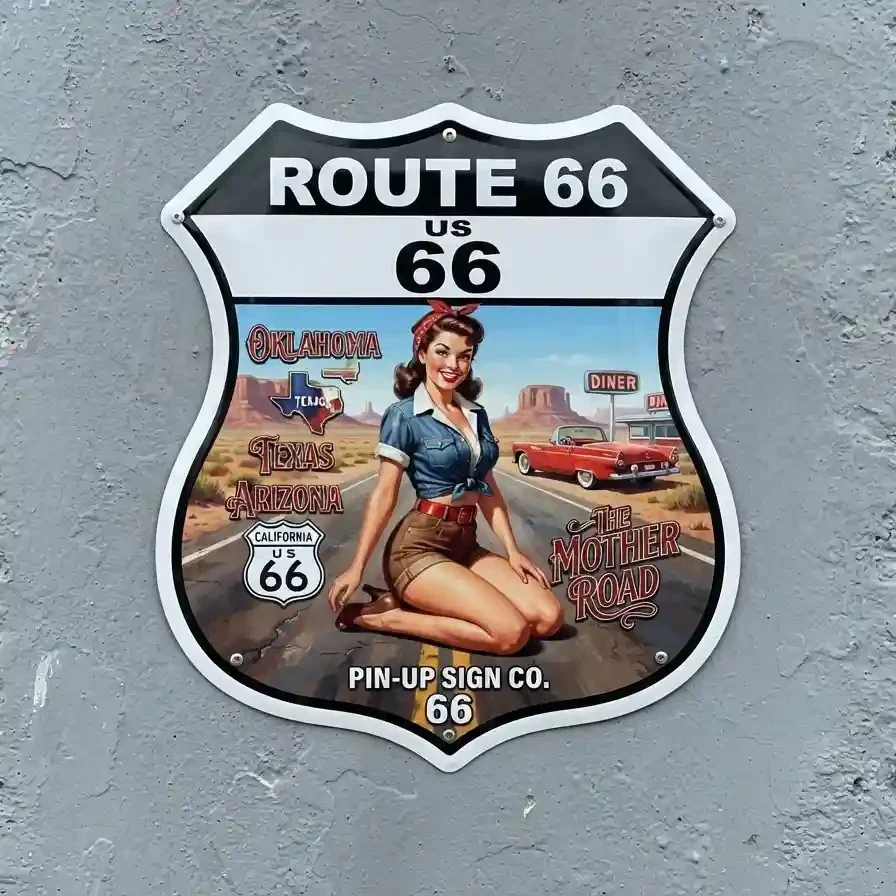 Metalen Schild Route 66 Pin-Up 32x32 cm