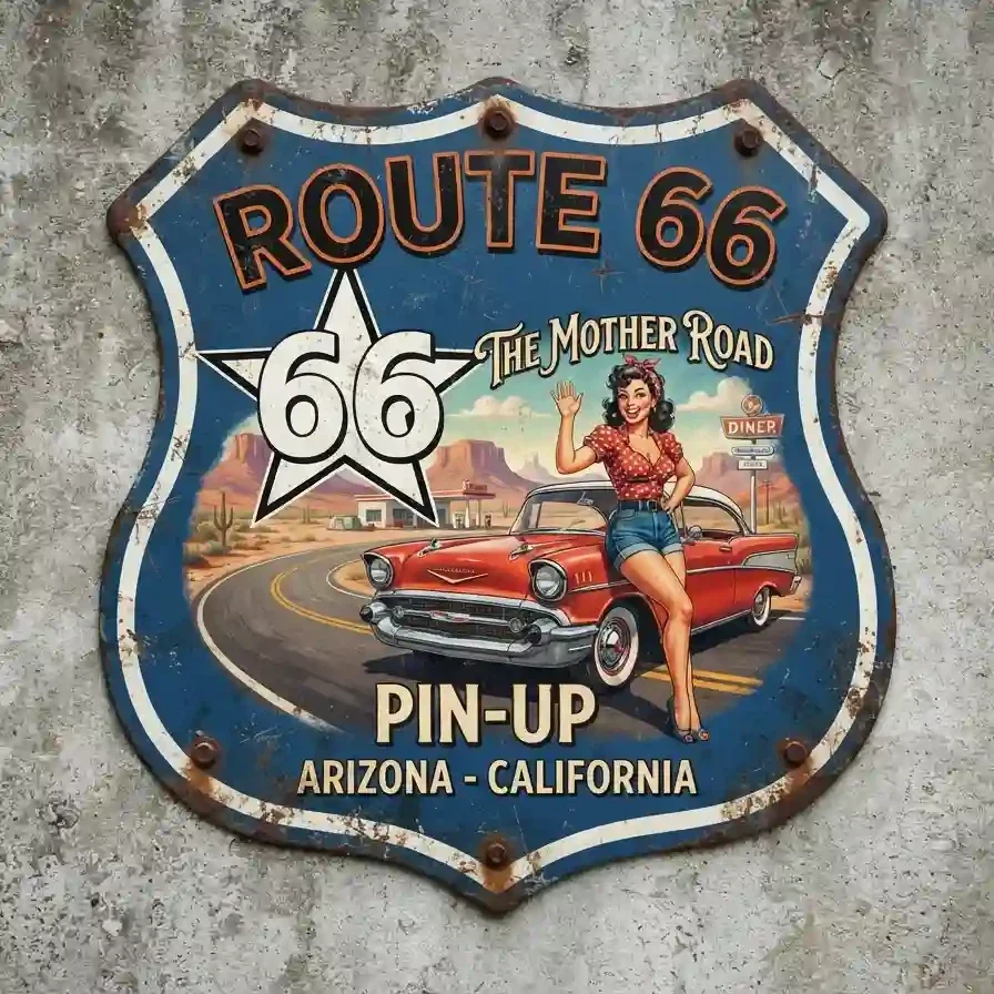 Metalen Wandbord Route 66 Pin-Up 32x32 cm