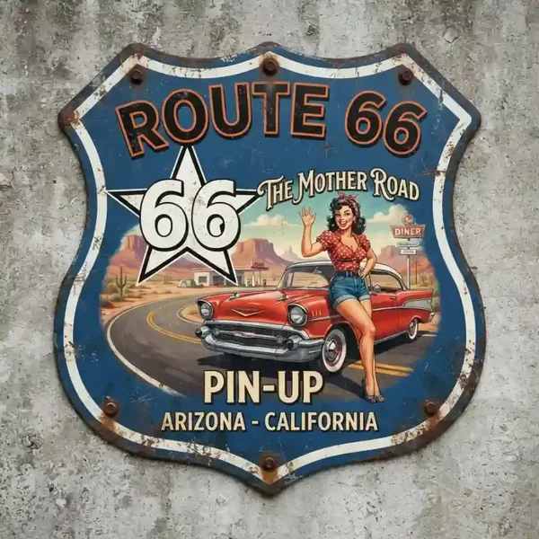 Metalen Wandbord Route 66 Pin-Up 32x32 cm