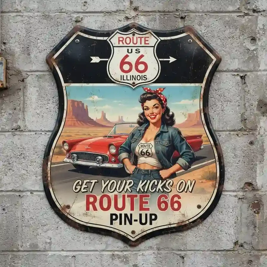 Metalen Schild Route 66 Pin-Up Auto 32x32 cm