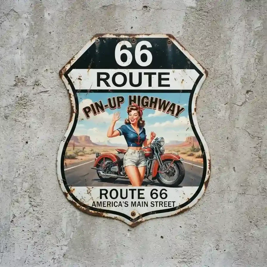 Metalen Schild Route 66 Pin-Up Highway | 32x32 cm – Retrobordjes.be