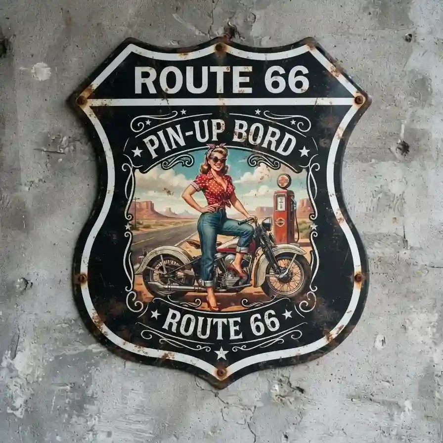 Metalen Schild Route 66 Pin-Up Motor 32x32